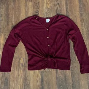 PaperCrane Burgundy Tie-Front Wood Buttons Sweater